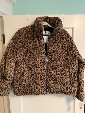 Steve Madden Leopard Print Faux Fur Puffer Jacket - Tan & Black